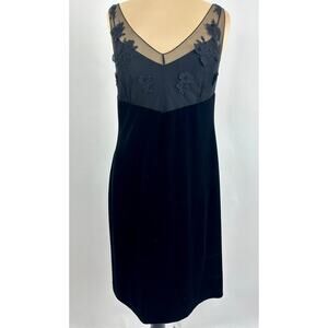 Vintage 90s Evan Picone Black Velvet Mesh Floral Applique Dress Knee Length 12